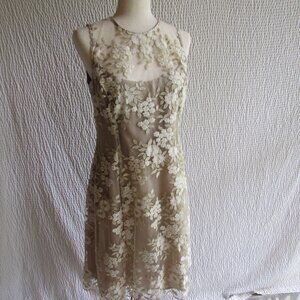Worth White Gold Lace Dress 6 Metallic Embroidered Party Nude Sheer Look